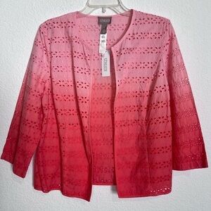 Chico's Coral Pink Fusion Embroidered Eyelet Cotton Open Front Jacket New Size 1